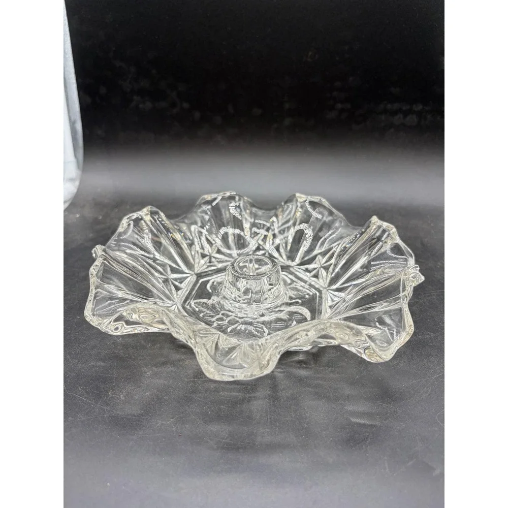 Vintage Clear Pressed Glass Ruffled Edge Candlestick Holder‎ Starburst Rose Base